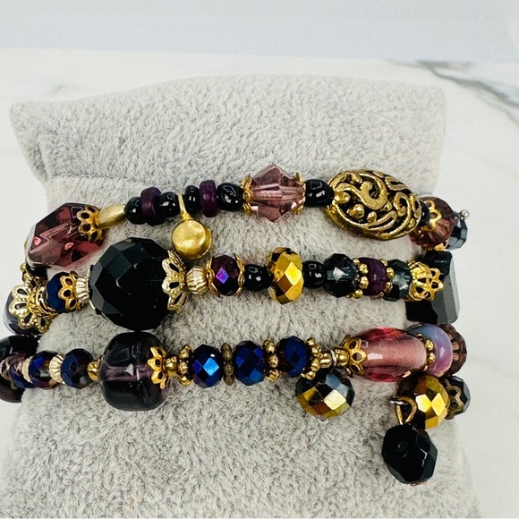 Glass & Stone Wrap Bracelet Faceted Aurora Borealis Beads Purple Black Gold Glam - Picture 4 of 9
